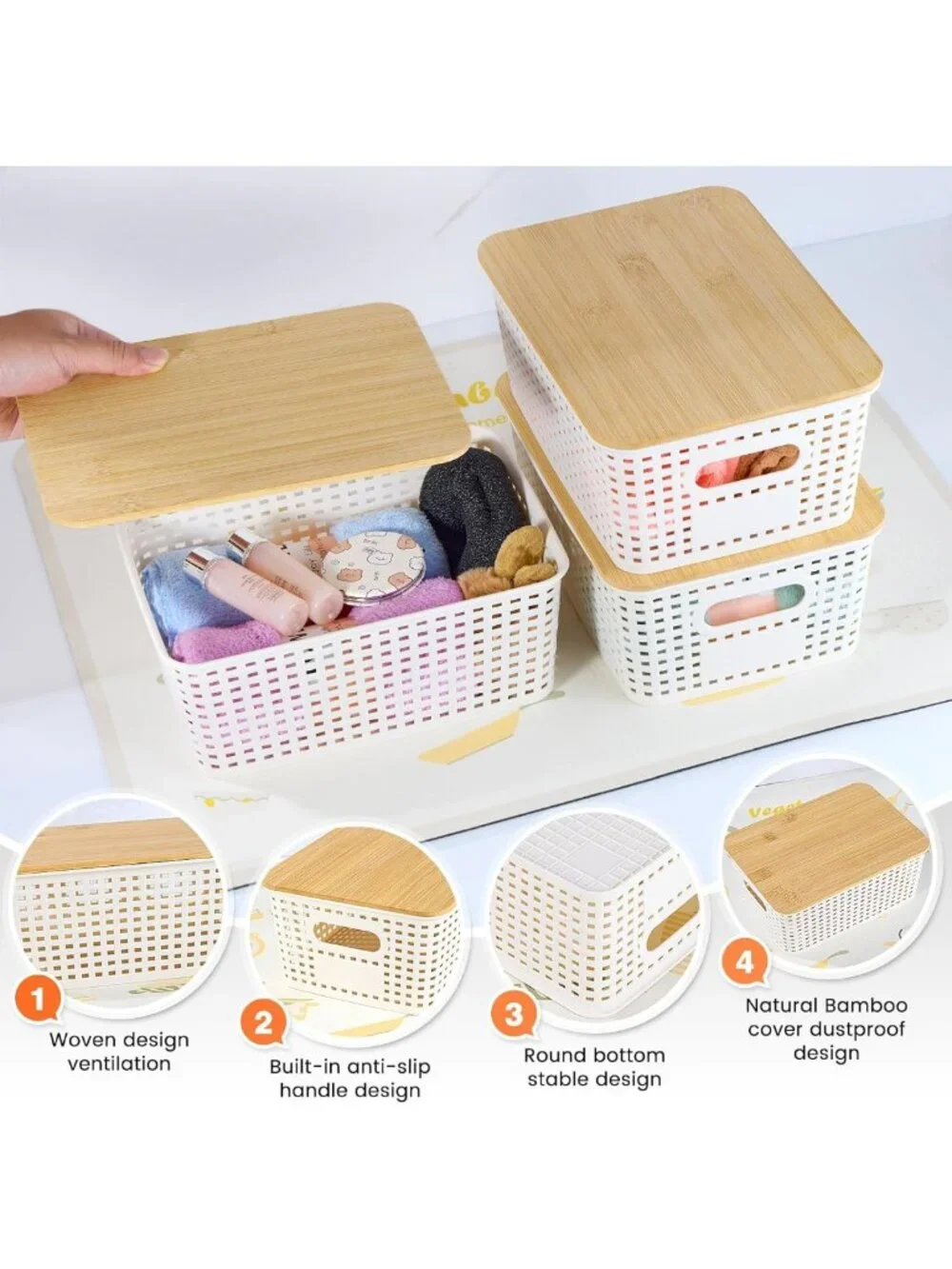 Stackable Plastic Storage Baskets with Bamboo Lids - 6 Pack for Organizing Home